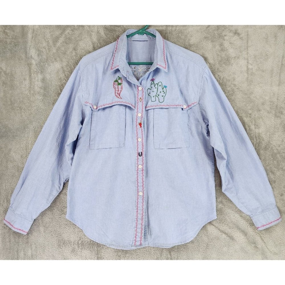 Womens Shirt Large Blue Hand Embroidered Western Ranch Cowgirl Vintage Button Up